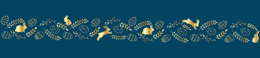 Beautiful gold border with Easter eggs composition. Horizontal string, ribbon. Holiday design for invitation, banner, greeting card vector