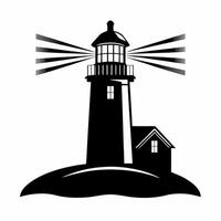 A black and white lighthouse with a light shining from it vector