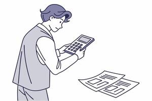 A man holding a calculator and looking at a piece of paper vector