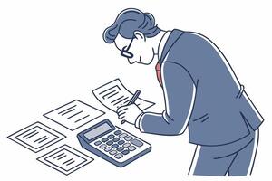 A man in a suit is writing on a calculator vector