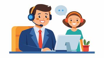 A man and woman are sitting at a computer and talking vector