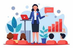 A woman is giving a presentation to a group of people vector