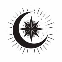 A black and white logo of a crescent with a star vector
