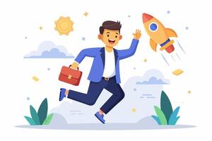 Businessman running with rocket and briefcase vector