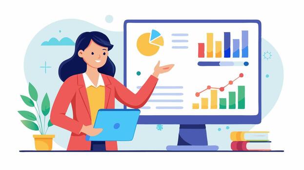 un mujer es en pie en frente de un computadora con un gráfico en eso vector