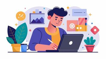 A man is working on his laptop in front of a desk vector