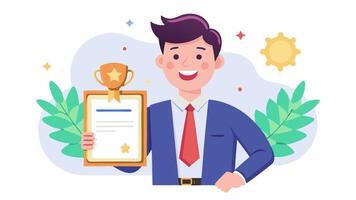 A man in a suit holding a certificate and a trophy vector