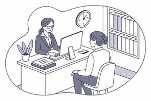 A woman is sitting at a desk with a computer vector