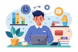 A man is working on his laptop in front of a desk with a clock and other items vector