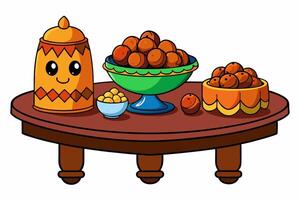 A cartoon table with a bowl of nuts and a jar of honey vector