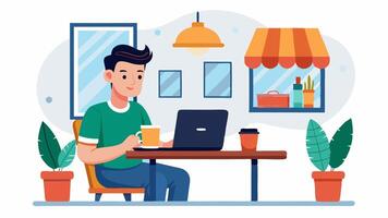 Man working on laptop in cafe vector