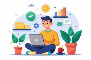 Man working on laptop with potted plants and other items vector