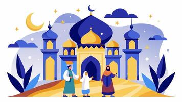 Islamic family in front of a mosque vector