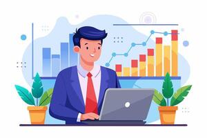 Businessman working on laptop with graphs on background vector