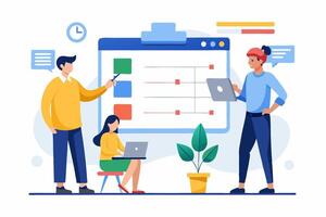 People working on a project plan on a whiteboard vector