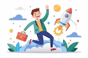 Businessman with rocket and briefcase running to success vector