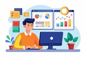 Man working on computer with graphs and charts vector