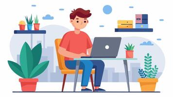 Man working on laptop in office with plants and potted plants vector