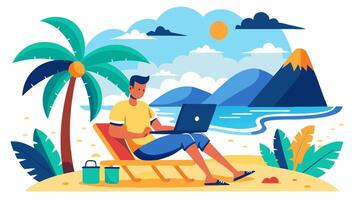 Man working on laptop on beach with palm trees and mountains vector