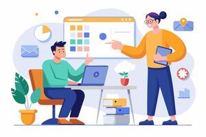 Two people are working on a laptop in an office vector