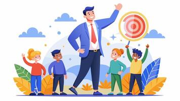 A man is pointing at a target with children around him vector