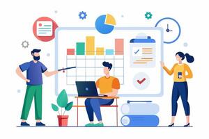 People working on a whiteboard with a chart on it vector