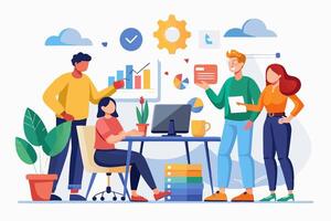 People working at a desk with a computer and other items vector