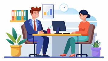 A man and woman sitting at a desk with a computer vector