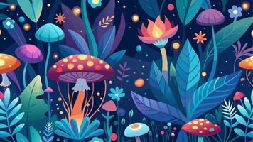 Mushrooms and plants in the forest at night vector