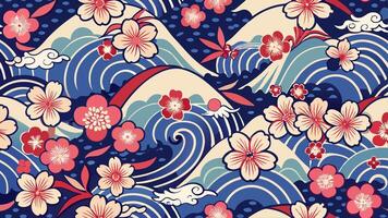 A japanese style pattern with flowers and waves vector