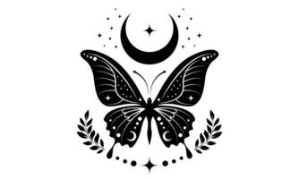 mystical butterfly and celestial crescent moon symbol. Pagan wiccan design. Esoteric boho moth logo for spiritual practices of ethnic and rites, isolated on white background vector