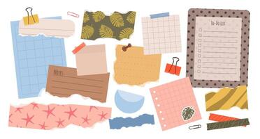 Set of torn paper notes, stickers, to do lists, duct tapes, and paper clips. Isolated flat sticky elements for planners, reminders, mood boards, scrapbooking, and collages. vector