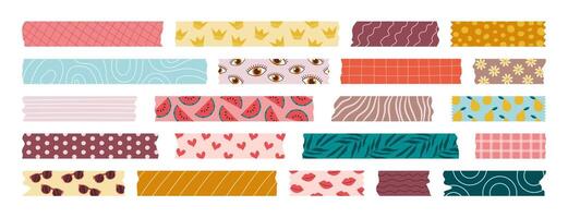 Set of isolated washi tape strips, sticky duct tapes, adhesive notes, and stickers. Various patterned elements with torn edges on white background. Collection of paper pieces for scrapbooking. vector