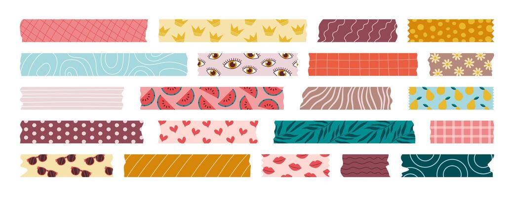 Set of isolated washi tape strips, sticky duct tapes, adhesive notes, and stickers. Various patterned elements with torn edges on white background. Collection of paper pieces for scrapbooking.