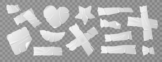 Set of white duct tape, adhesive tape, and sticky paper strips. Isolated wrinkled elements in various shapes on background. A collection of realistic tape pieces for collages and scrapbooking. vector