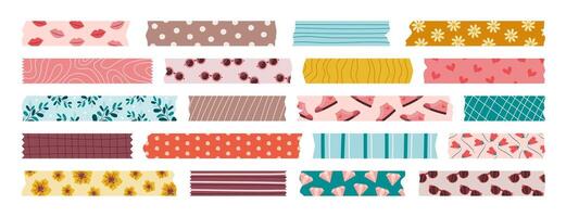 Set of isolated washi tape stripes, sticky duct tapes, adhesive notes, stickers. Different flat elements with pattern and ragged edges on white background. Collection of papers for scrapbooking vector
