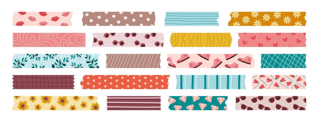 Set of isolated washi tape stripes, sticky duct tapes, adhesive notes, stickers. Different flat elements with pattern and ragged edges on white background. Collection of papers for scrapbooking