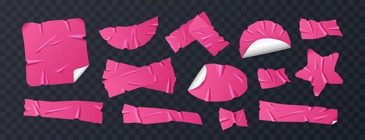 Set of glossy hot pink duct tape, adhesive tape and sticky paper strips. Isolated wrinkled elements in various shapes on background. Realistic crumpled tape pieces for collages, scrapbooking. vector
