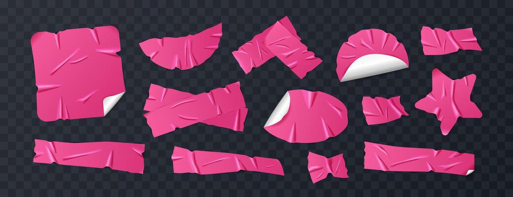 Set of glossy hot pink duct tape, adhesive tape and sticky paper strips. Isolated wrinkled elements in various shapes on background. Realistic crumpled tape pieces for collages, scrapbooking.