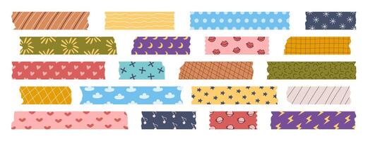 Set of isolated washi tape strips, sticky duct and washi tapes, adhesive notes, stickers. Various patterned elements with ripped edges on a white. Collection of paper pieces for scrapbooking. vector