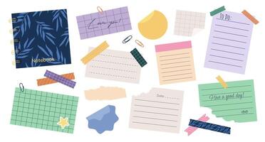 Set of various torn paper notes, stickers, to do list, duct tapes, paper clips. Isolated sticky elements, planners, and reminders for mood boards or scrapbooking. Flat illustrations on white. vector