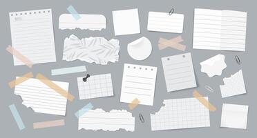 Set of realistic torn paper notes, stickers, to do list, duct tapes, paper clips. Isolated white sticky elements, planners, reminders for mood boards, scrapbooking, collages on background. vector
