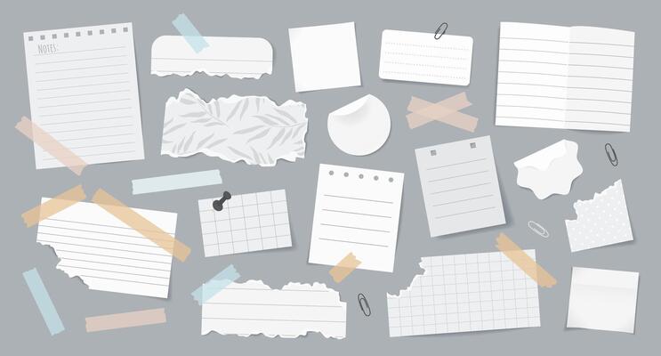 Set of realistic torn paper notes, stickers, to do list, duct tapes, paper clips. Isolated white sticky elements, planners, reminders for mood boards, scrapbooking, collages on background.