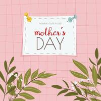 Happy Mother's Day concept. Pinned note with text and various herbs on grid background. Festive square greeting card, poster or social media post. Cute hand drawn illustration in a flat style. vector