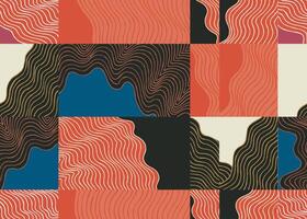 Seamless, colorful crafted hand drawn brush lines abstract water and wave patchwork pattern, Japanese and ethnic wood carving textured background, experimental minimal graphic for carpet, textile vector