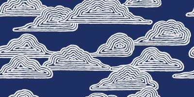 Seamless, cute hand drawn brush lines abstract clouds pattern in white and blue, Japanese and ethnic wood carving textured surface background, minimal graphic for textile, carpet, decoration vector