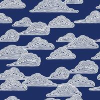 Seamless, hand drawn brush lines abstract cute floating clouds pattern in white and blue, Japanese and ethnic wood carving textured surface background, minimal graphic for textile, carpet vector