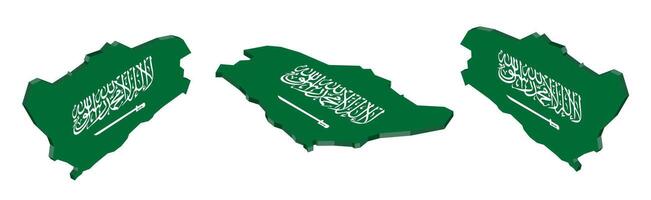 3D isometric illustration map of Saudi Arabia is shown with the national flag as a cover. The illustration includes isometric views from the top, left, and right. vector