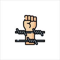 A hand holding a fist in front of barbed wire vector