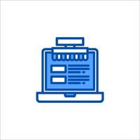 A blue icon of a computer screen with a pen and paper vector